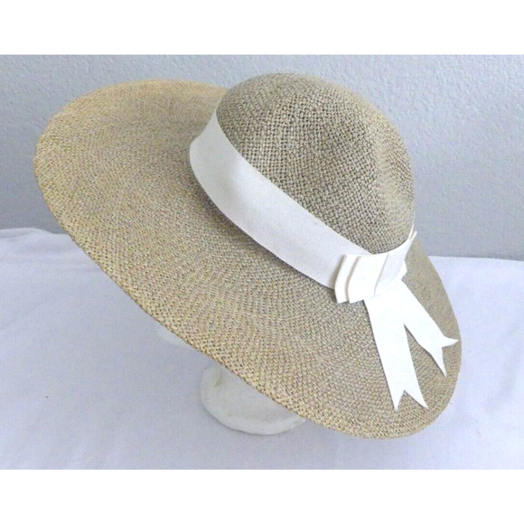 Liz Claiborne Wide Brim Straw Sun Hat White Wrap Around Bow Vintage Y2K Retro - Picture 1 of 8